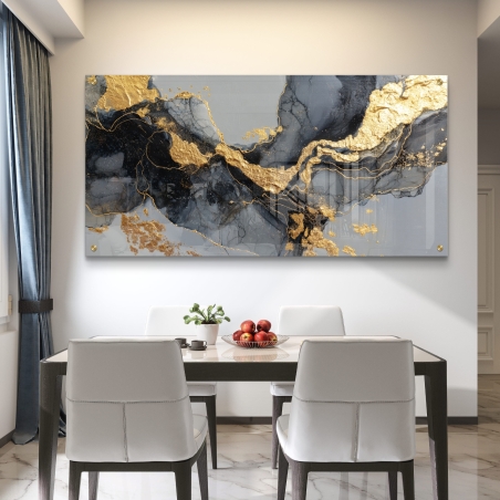 תמונה על זכוכית בגווני אפור וזהב בעיצוב אבסטרקטי יוקרתי להשלמת עיצוב קיר מודרני