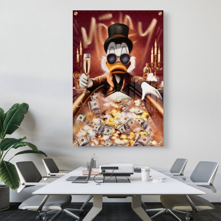 תמונת זכוכית מודרנית בסגנון יוקרתי עם דונלד דאק בלבוש חגיגי, כסף ושמפניה – Duck Empire