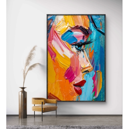 תמונת קנבס של דיוקן נשי מופשט בצבעים עזים: כתום, ורוד, טורקיז, כחול וצהוב, בסגנון מריחה אמנותית מודרנית.