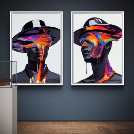 זוג תמונות דיגיטליות עם דמויות בשחור וצבעי ניאון נוזליים, מתוך קולקציית M-X ART לעיצוב חללים מודרניים.