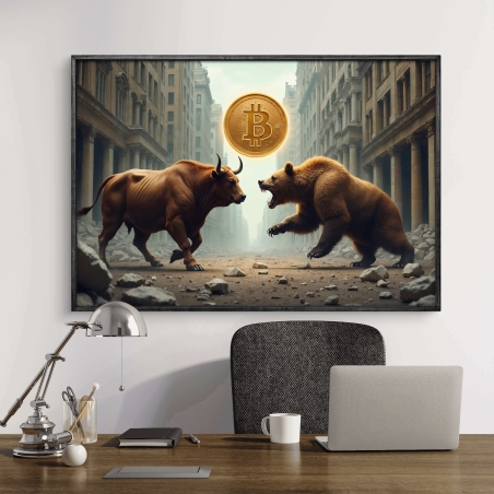 תמונת קנבס השראה של שור ודוב ניצבים זה מול זה ברחוב עירוני סוער, כשמטבע ביטקוין זהוב מרחף מעליהם – מסר עוצמתי על שוק ההון וההשקעות.          Ask ChatGPT