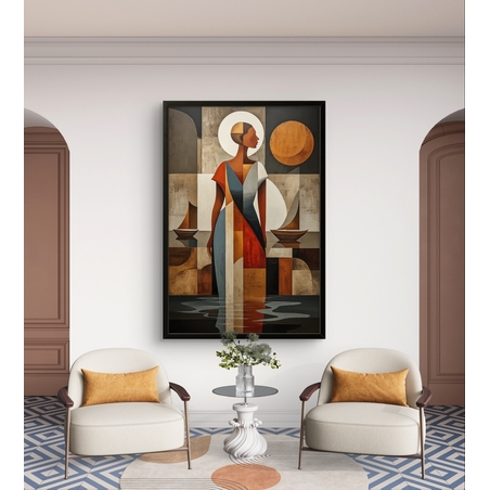 תמונת קנבס עם דמות נשית מופשטת בסגנון גאומטרי בגווני אדמה וכחול בעיצוב אלגנטי ומודרני