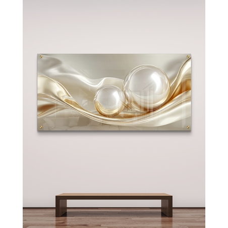 תמונת זכוכית לרוחב עם גלים מבריקים בגווני שמנת וזהב ושתי בועות זכוכית בעיצוב יוקרתי ומודרני