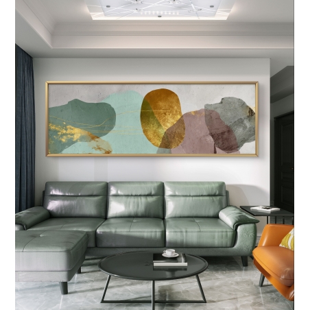 תמונת קנבס פנורמית – עיצוב מופשט בצבעי ירוק מנטה, סגול, אפור וזהב יוקרתי, בהדפסה חלקה ואיכותית מבית תכשיט לבית.