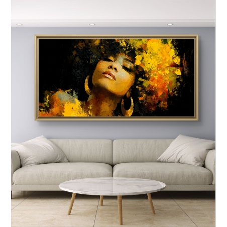 תמונה קנבס לרוחב של אישה עם עגילים גדולים בצבעים עזים בסגנון אומנות מודרנית – עיצוב ייחודי מקולקציית תכשיט לבית