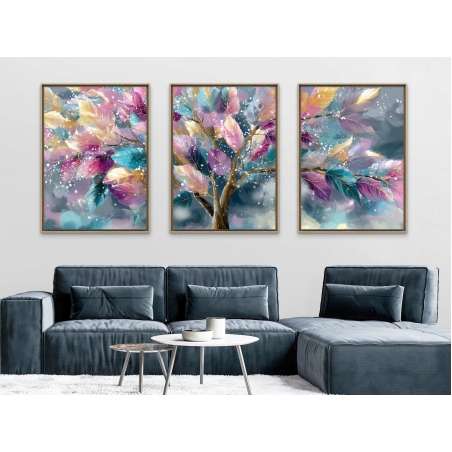 תמונת קנבס שלישייה עם עץ ועלים צבעוניים בגווני סגול, ורוד, טורקיז וזהב – קולקציית תכשיט לבית