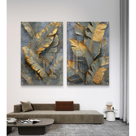 תמונת זכוכית זוגית עם עלים בגווני אפור וזהב בהדפסה חלקה יוקרתית