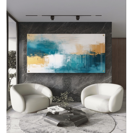 תמונת זכוכית רחבה עם גווני כחול, לבן וזהב בהרמוניה מופלאה, לעיצוב מרגיע ואלגנטי בבית או במשרד.