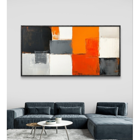 תמונת קנבס מודרנית לרוחב, בסגנון אבסטרקטי עם שילוב צבעים עוצמתי של כתום, שחור, לבן ואפור, לעיצוב עכשווי ומלא סטייל לבית או למשרד.