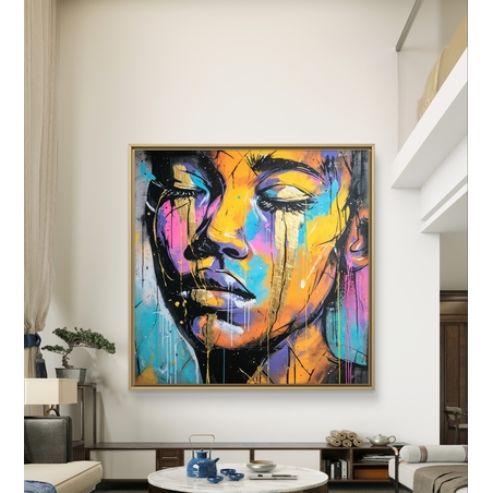 תמונת קנבס דיוקן צבעוני בסגנון סטריט-ארט עם כתום, טורקיז, ורוד וטפטופי צבע