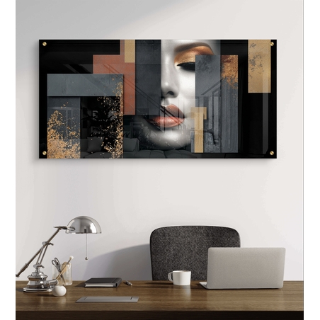 תמונת זכוכית לרוחב עם דיוקן נשי אבסטרקטי בגווני שחור, אפור וזהב בעיצוב יוקרתי