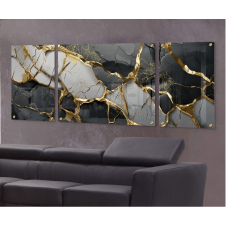 תמונת זכוכית מחולקת סגנון אבסטרקט גוונים שחור/לבן וזהב דגם - D20006