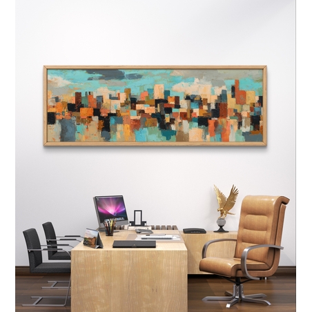 מטרופולין צבעוני – תמונת קנבס פנורמית אבסטרקטית בקו עירוני בגווני טורקיז, חמרה ושחור | CT4671