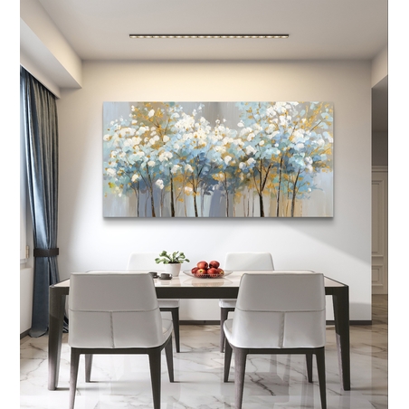 קנבס מודרני מעל ספה – ציור עצים אבסטרקטי בגווני תכלת עם זהב עדין