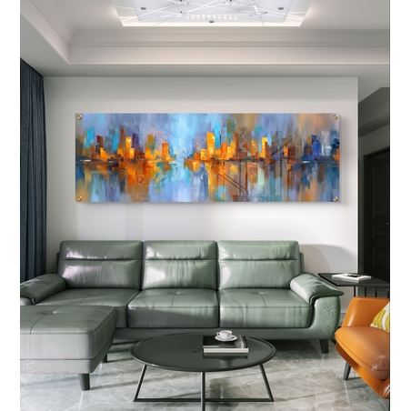 תמונת זכוכית פנורמית אבסטרקטית עם קו־רקיע עירוני והשתקפות במים בגווני כחול וזהב בעיצוב מודרני ויוקרתי