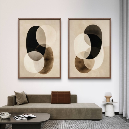 זוג תמונות קנבס בעיצוב אבסטרקטי אלגנטי עם צורות מעוגלות, שכבות שקופות ומפגש מדויק בין גווני שמנת, בז׳, קפה ושחור.