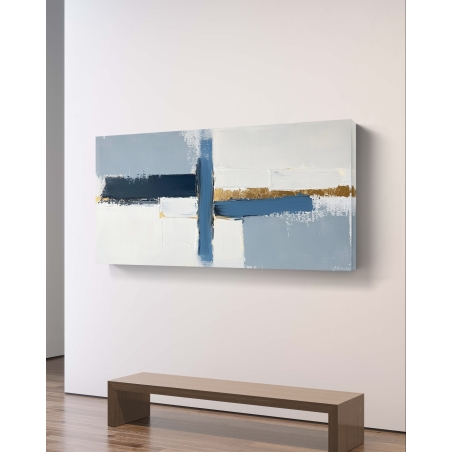 תמונת קנבס לרוחב בצבעי כחול, תכלת, לבן וזהב, בסגנון אבסטרקטי גיאומטרי עם הדפסה חלקה ואיכותית