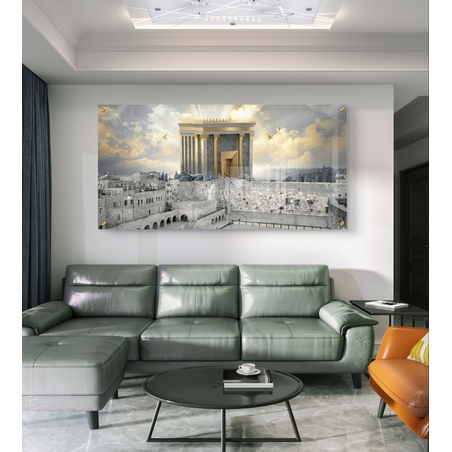 תמונת זכוכית קדושה של בית המקדש בירושלים עם אור שמימי ויונים בהדפסה חלקה