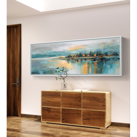 תמונת קנבס פנורמית אבסטרקטית עם קו אופק, השתקפות מים וגווני כחול, תכלת וזהב בעיצוב רגוע ויוקרתי