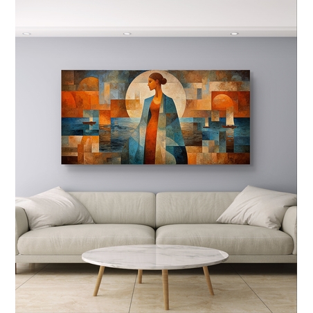 תמונת קנבס לרוחב עם דמות נשית אבסטרקטית בגווני כחול וכתום בעיצוב אומנותי מודרני לסלון