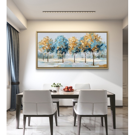 תמונת קנבס נוף עצים בכחול ותכלת עם נגיעות זהב, סגנון ציורי רגוע ומודרני