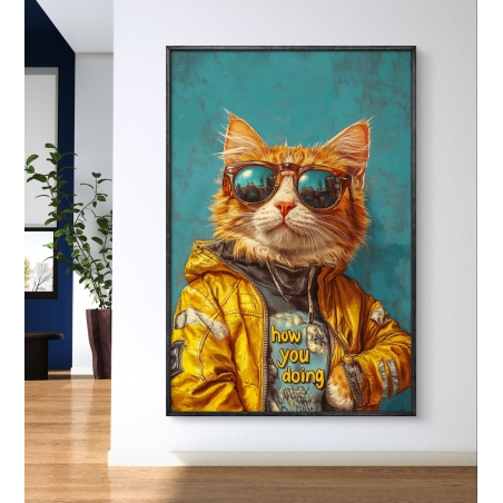 תמונת קנבס של חתול עם מעיל צהוב, משקפי שמש שמשקפות עיר וחולצת 
