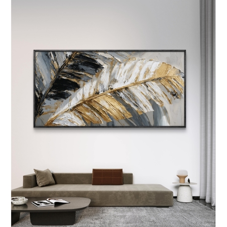 תמונת קנבס יוקרתית עם נוצות בגווני זהב, שחור ולבן בעיצוב מודרני מבית תכשיט לבית