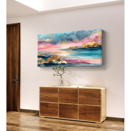 תמונת קנבס אקוורל נוף ים ורוד וטורקיז עם זהב – קנבס מודרני לרוחב--דגם CC4564