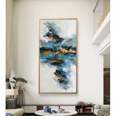 תמונת קנבס לאורך אבסטרקטית בגווני כחול, שחור ולבן עם נגיעות זהב יוקרתיות