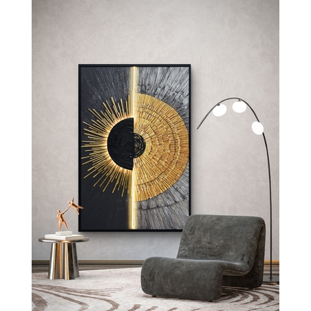 תמונת שמש אבסטרקטית שחור זהב מוארת עם שלט רחוק וסוללות – אמנות LED דגם LED1009-מידה 123*83 ס
