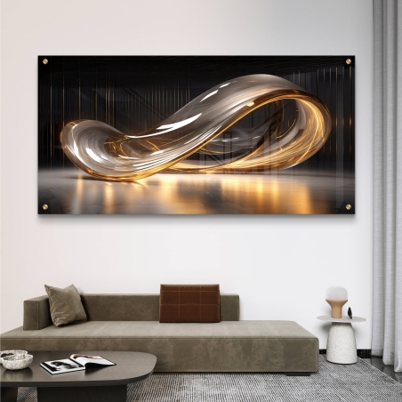 תמונת זכוכית מעוצבת עם תנועת אינסוף זוהרת בזהב על רקע אלגנטי, מושלמת לסלון או משרד עם טאץ' מודרני ויוקרתי.