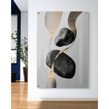 תמונת זכוכית מופשטת בעיצוב אלגנטי עם אבנים שחורות מרחפות ונגיעות זהב עדינות, מושלמת לעיצוב חללים מודרניים ורגועים.