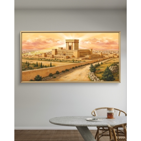 תמונת קנבס לרוחב המציגה את בית המקדש המפואר עם חומות עתיקות, עצים ירוקים ורקע שמיים בגווני ורוד-כתום.