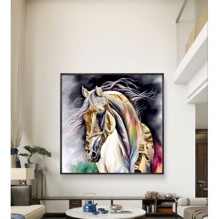 תמונת קנבס מרובעת של סוס בגווני זהב עם רקע צבעוני דרמטי מקולקציית תכשיט לבית