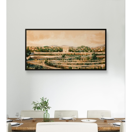 תמונת קנבס לרוחב עם נוף ירושלים ושער סמלי בגווני זהב וטבע, הדפסה חלקה מבית תכשיט לבית