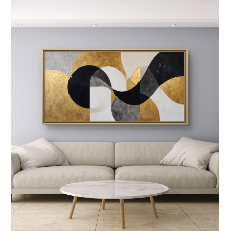 תמונת קנבס לרוחב בגווני זהב, שחור, לבן ואפור בעיצוב גאומטרי מודרני, מקולקציית תכשיט לבית