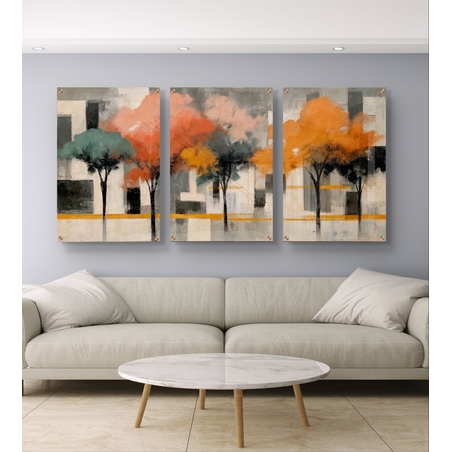 שלשת תמונות זכוכית עצים אבסטרקטיים בגווני כתום, אפרסק וטורקיז – דגם GG5473