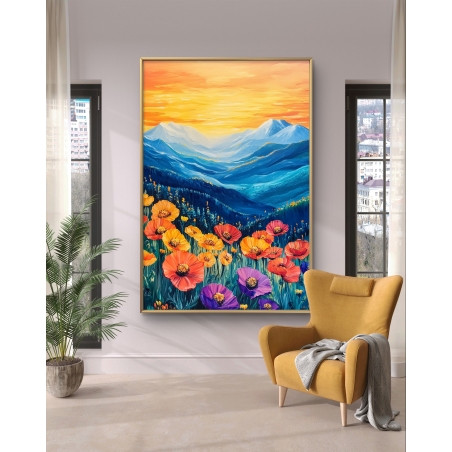 תמונת קנבס של נוף הרים כחולים בשקיעה חמה עם שדה פרחים צבעוני בגווני כתום, סגול וצהוב, תלויה בחלל מודרני עם קירות כהים ושני כורסאות כחולות.