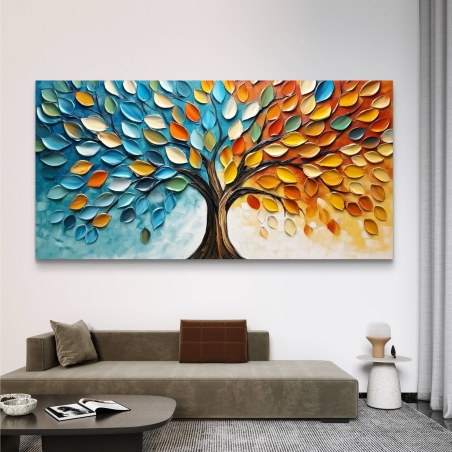 תמונת קנבס צבעונית המציגה עץ בגווני כחול, ירוק, כתום וצהוב, מתאימה לקישוט חללים מודרניים או קלאסיים.