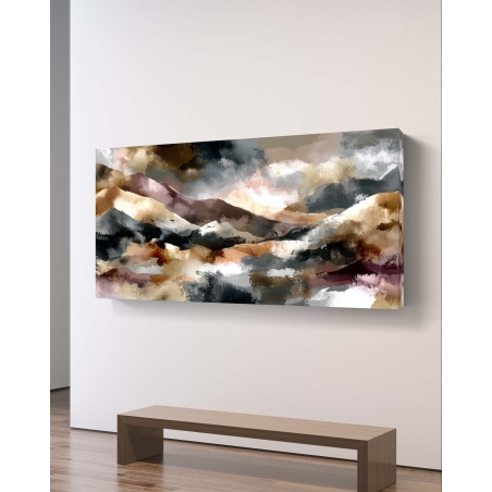 תמונת קנבס לרוחב עם נוף הררי מופשט בגווני חום, בז' ושחור עם אור שקיעה דרמטי, בהדפסה חלקה ואיכותית מבית תכשיט לבית.