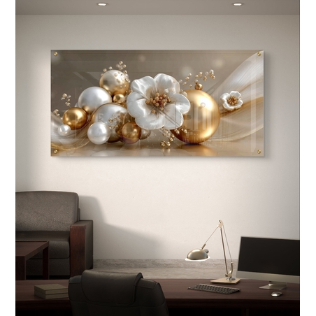 פרחי פנינה וזהב על זכוכית – תמונת זכוכית אלגנטית בגווני שמנת וזהב | GX4173