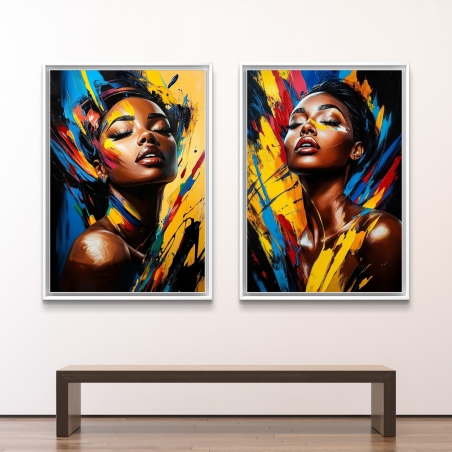 זוג תמונות דיוקן נשי עם צבעים נועזים בסגנון אקספרסיבי, רקע מופשט עם גוונים של כחול, צהוב ואדום, אמנות מודרנית לעיצוב ייחודי לבית או למשרד.