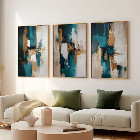 שלשת תמונות קנבס בעיצוב אבסטרקטי בגווני טורקיז, זהב ולבן, המתאימות לעיצוב יוקרתי של סלון או משרד.