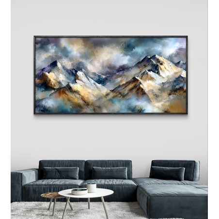 תמונת קנבס נוף הרים אמנותי בגווני כחול זהב ואפור – תכשיט לבית