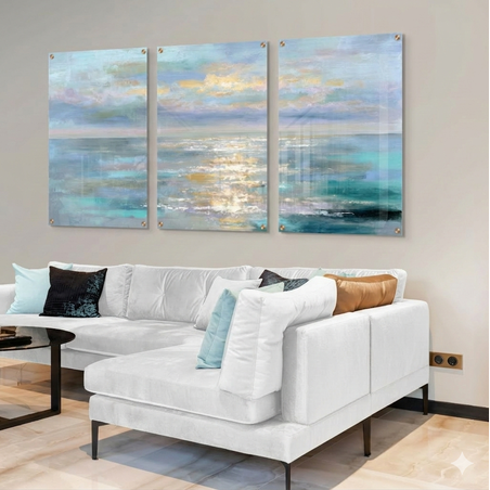 תמונת זכוכית שלושה חלקים בעיצוב נוף ים