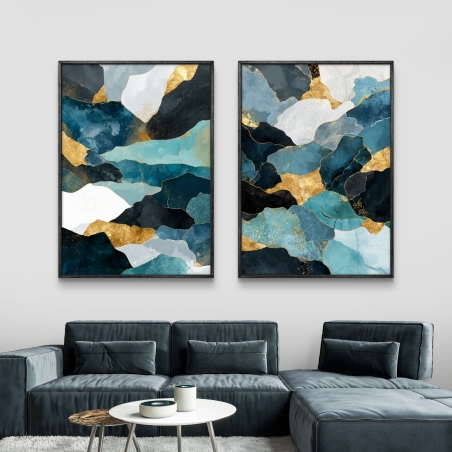 זוג תמונות קנבס מופשטות בגווני כחול וזהב בהדפסה איכותית מבית תכשיט לבית