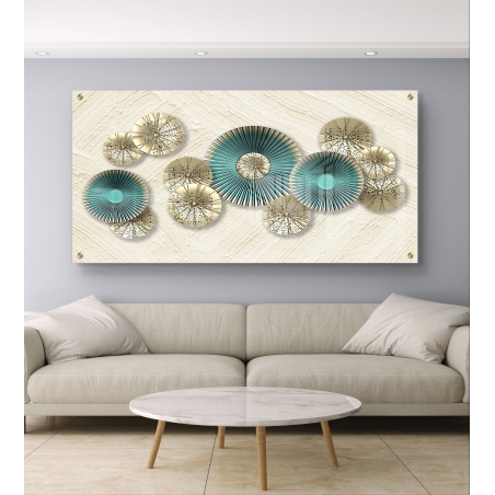 תמונת זכוכית רוחבית בעיצוב עיגולים בגווני זהב וטורקיז עם הדפסה חלקה, מקולקציית תכשיט לבית