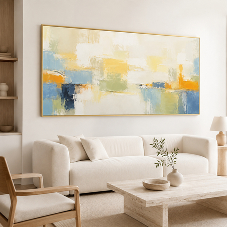 תמונת קנבס אבסטרקט בהיר בשמנת, צהוב וכחול | דגם UL104