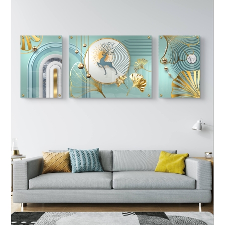 תמונה מחולקת על זכוכית בעיצוב מודרני בגווני טורקיז וזהב עם צורות גאומטריות וצבי במרכז – הדפסה חלקה ואיכותית מבית תכשיט לבית