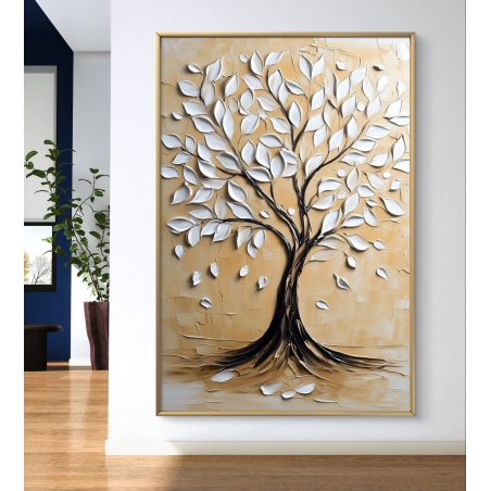 תמונת קנבס יוקרתית עם עץ בעל עלים לבנים תלת-ממדיים על רקע זהוב, המוסיפה חמימות ועומק לכל חלל מעוצב.